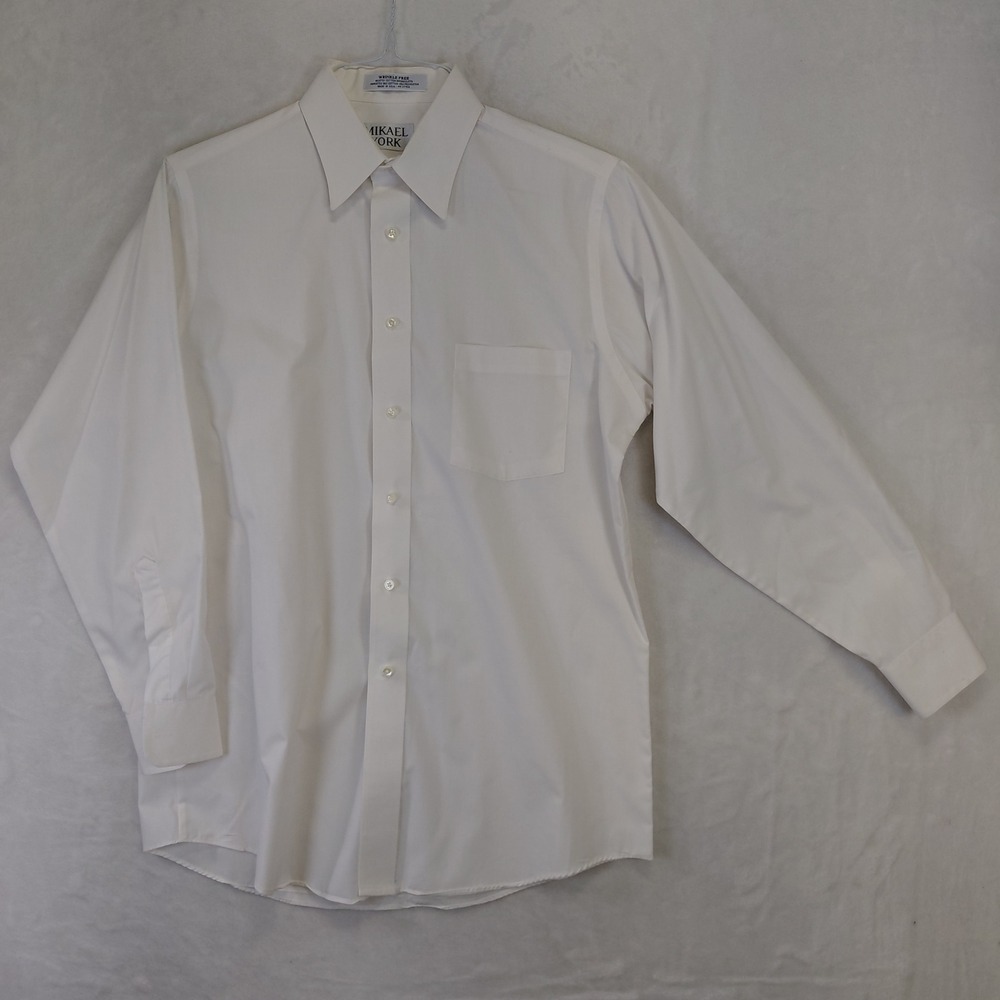 Mikael York Mens White Long Sleeve Button Down Dress Shirt 15 32/33 Made in USA